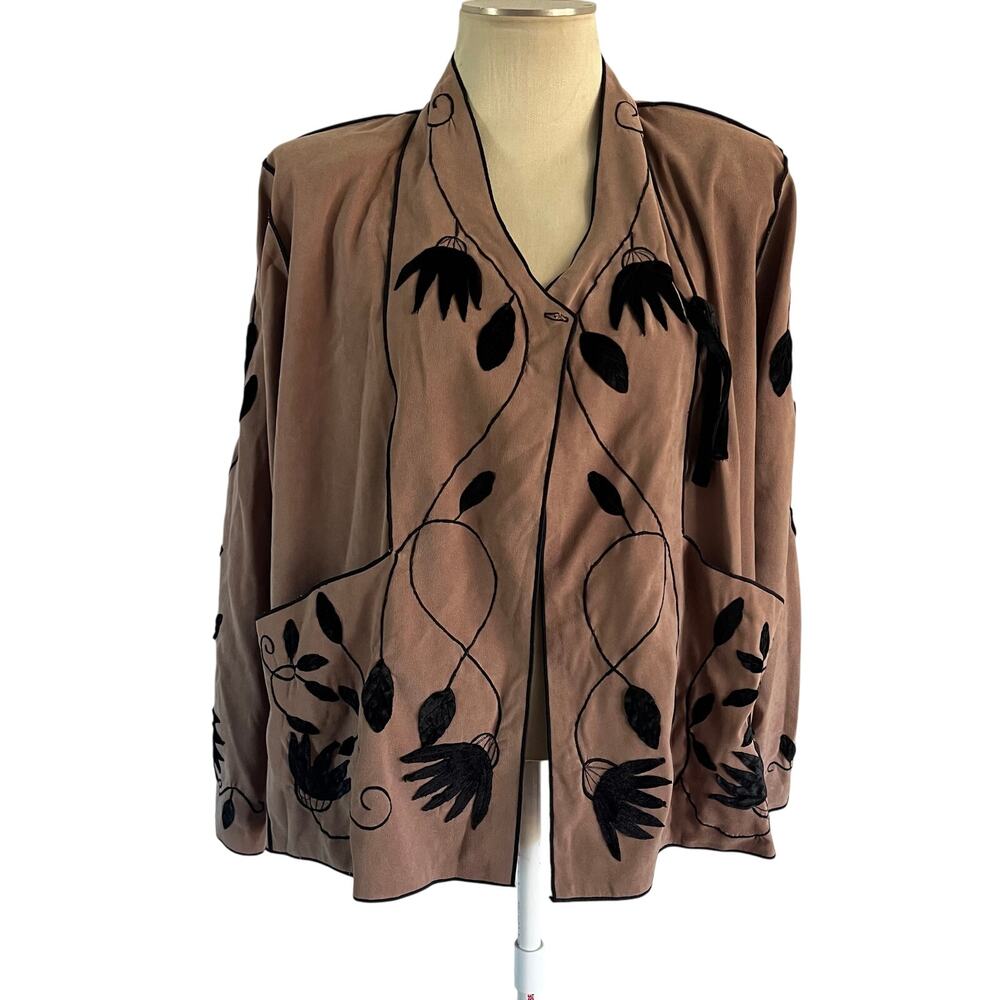 Tan & Black Floral Embroidered Jacket Plus Sz 1X Office Career Boho Gypsy